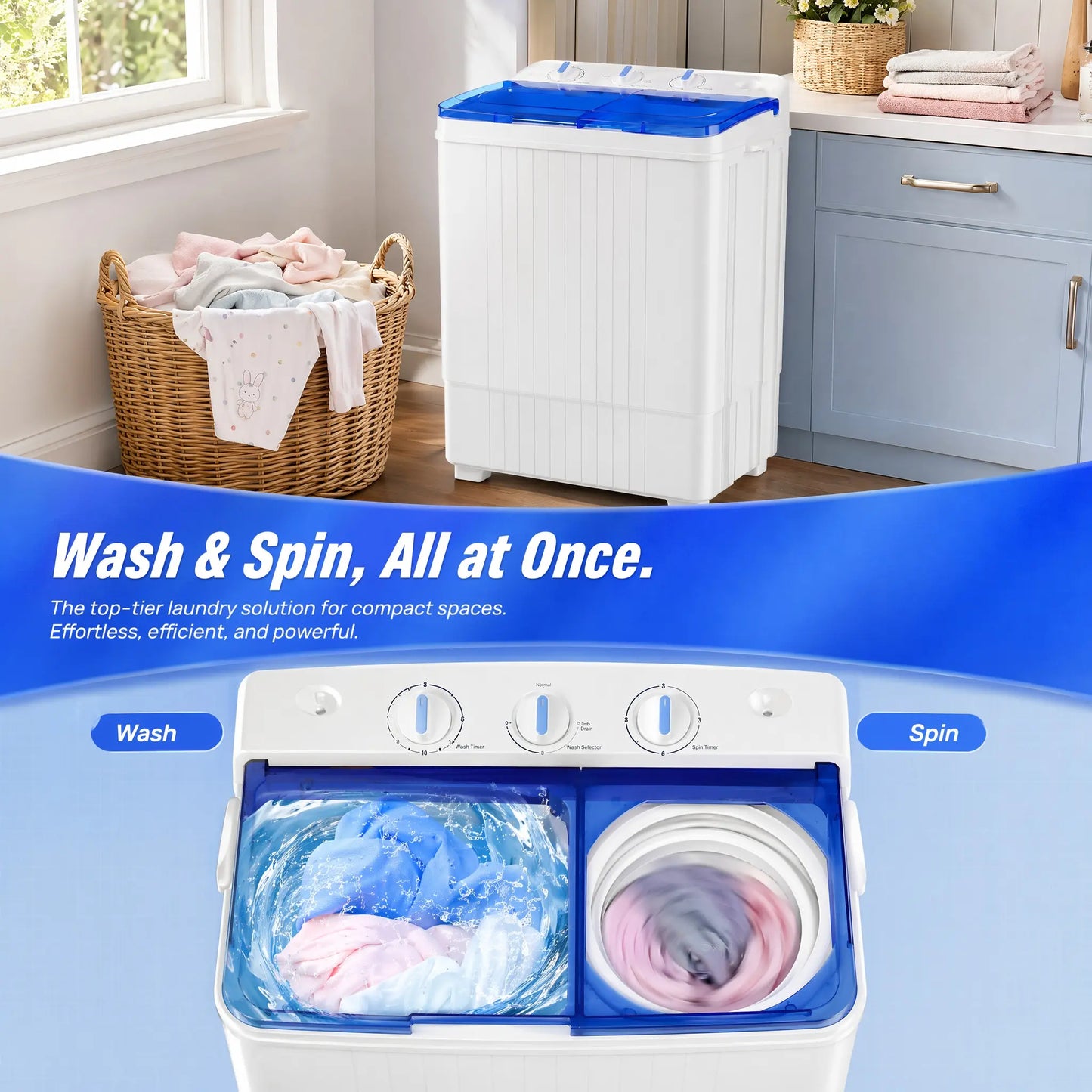 Portable twin-tub washer-dryer combo, 28-pound lightweight washing machine