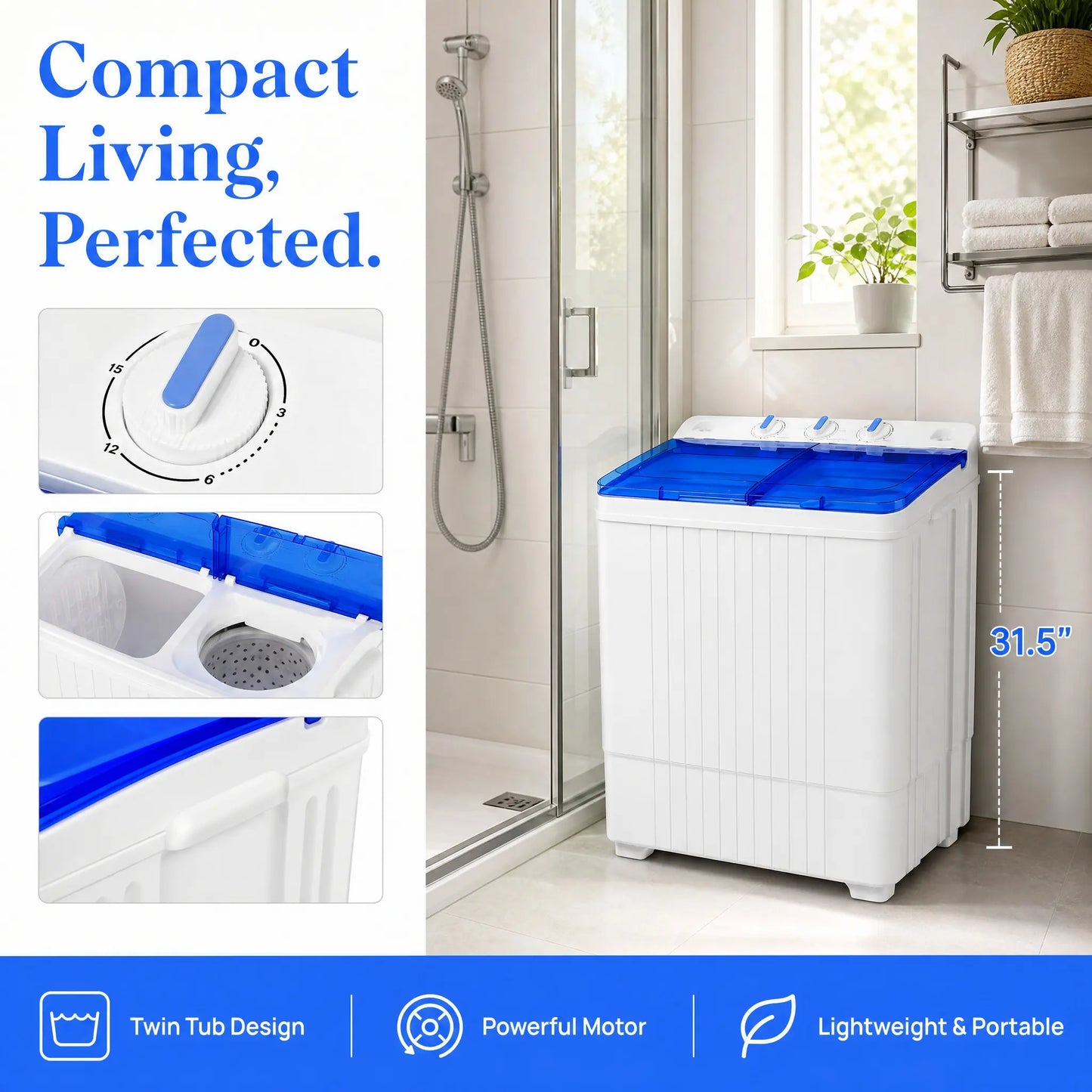 Portable twin-tub washer-dryer combo, 28-pound lightweight washing machine