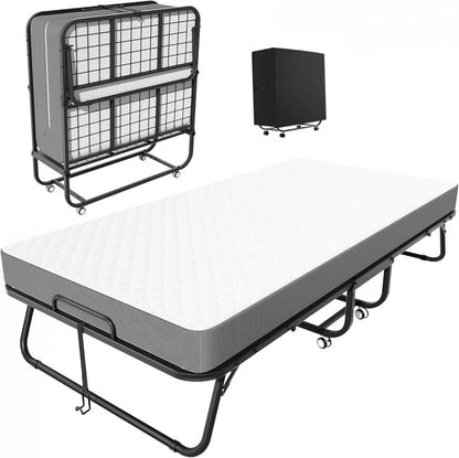 Folding bed with mattress, portable folding bed for adults, single folding bed