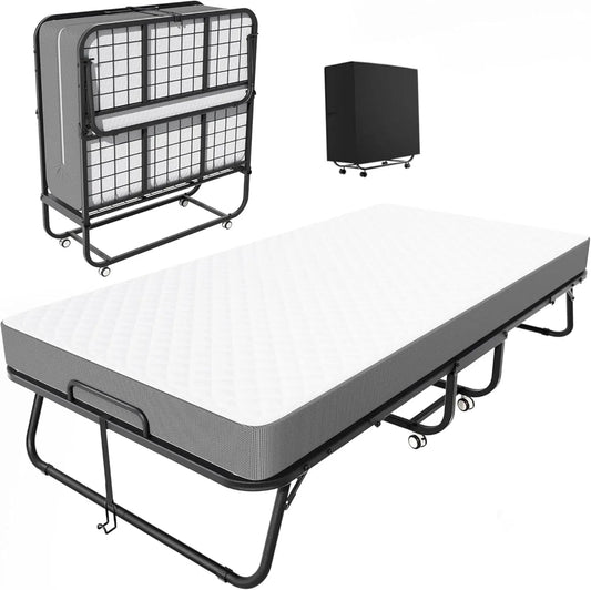 Folding bed with mattress, portable folding bed for adults, single folding bed