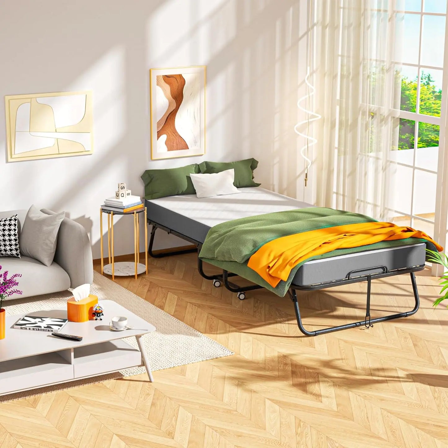 Folding bed with mattress, portable folding bed for adults, single folding bed