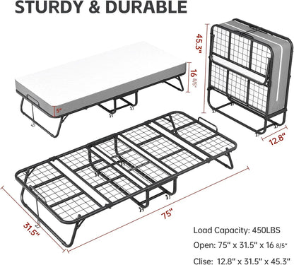 Folding bed with mattress, portable folding bed for adults, single folding bed