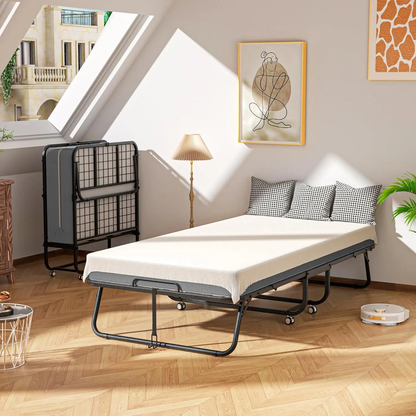 Folding bed with mattress, portable folding bed for adults, single folding bed