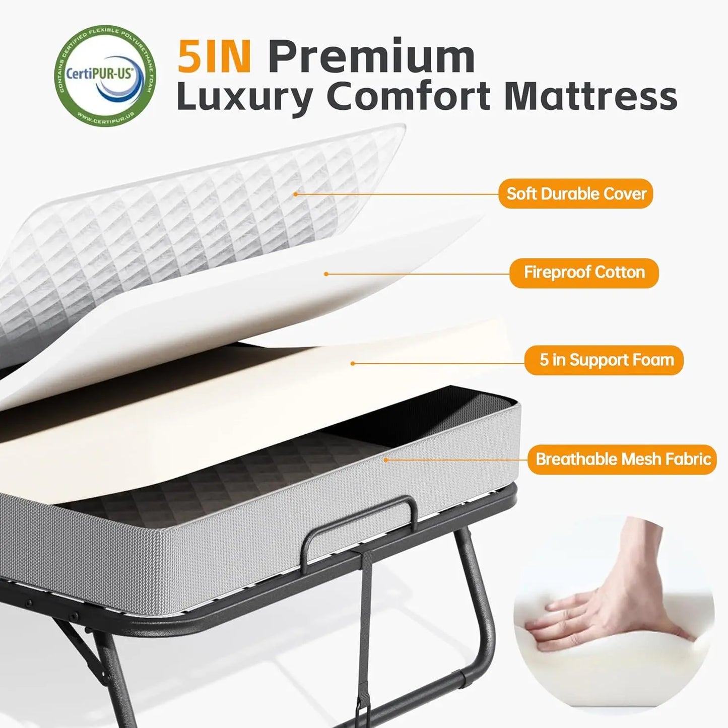 Folding bed with mattress, portable folding bed for adults, single folding bed