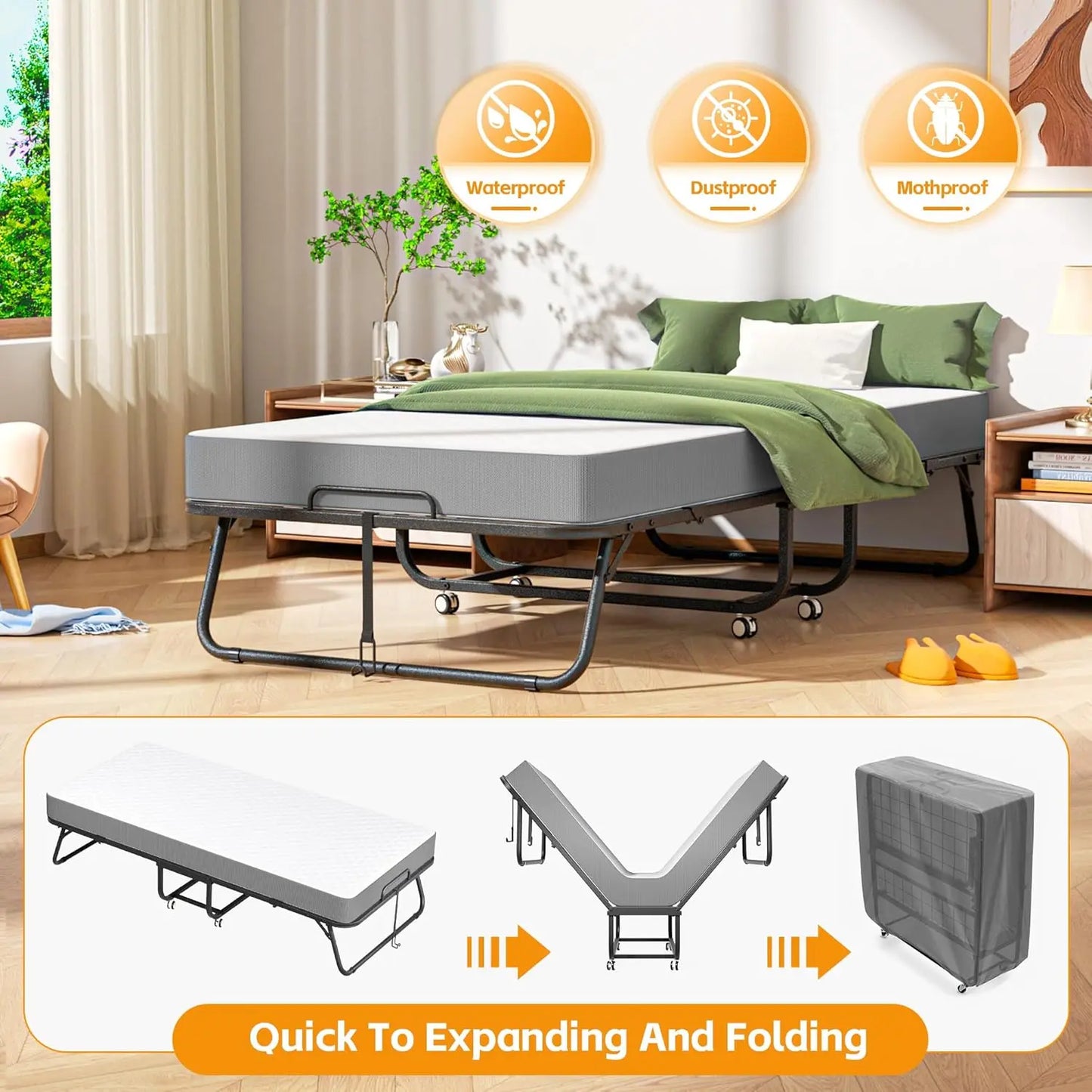 Folding bed with mattress, portable folding bed for adults, single folding bed